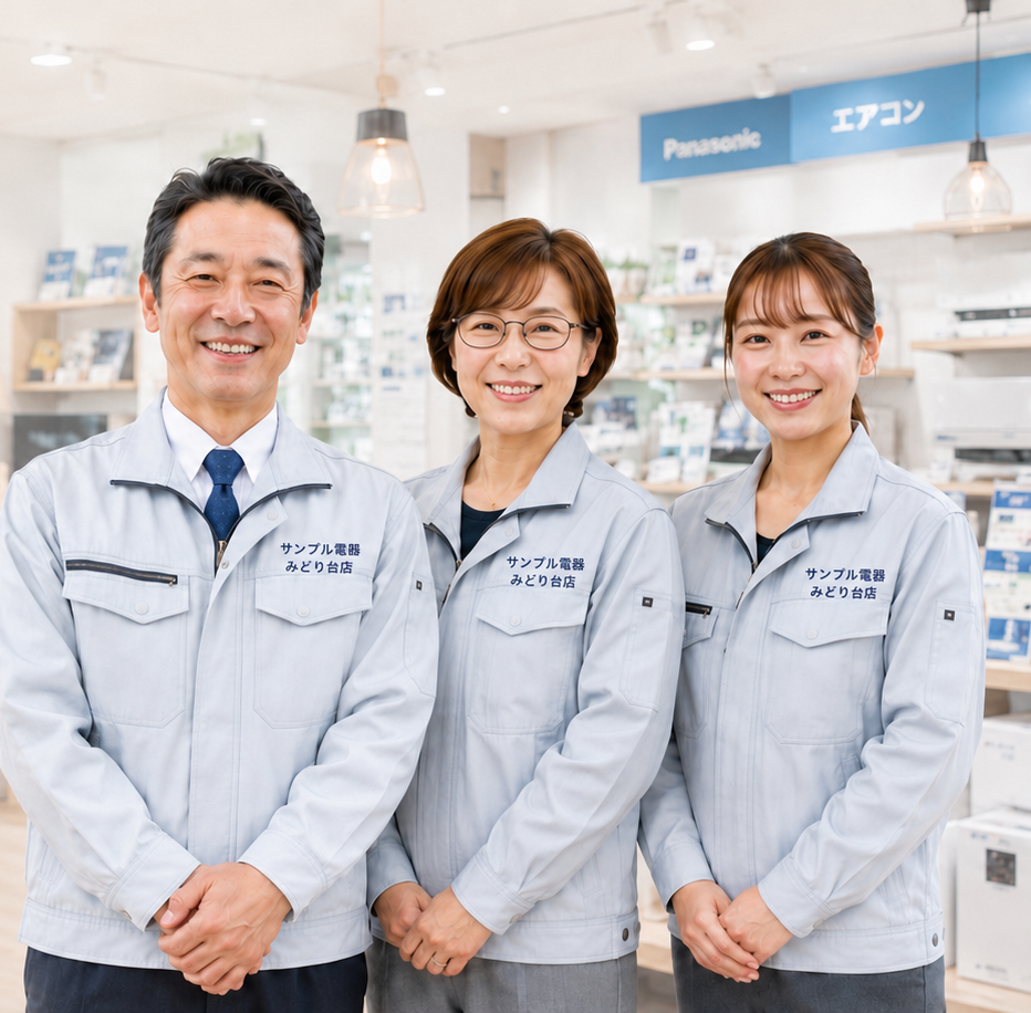 サンプル電器みどり台店のスタッフ3名